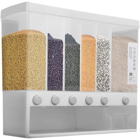 6 in1 Dry Food Dispenser Storage Container Wall Mount Cereal Grain Rice Dispenser 6 Grid Rice Dispenser Food Bucket for Kitchen and Home