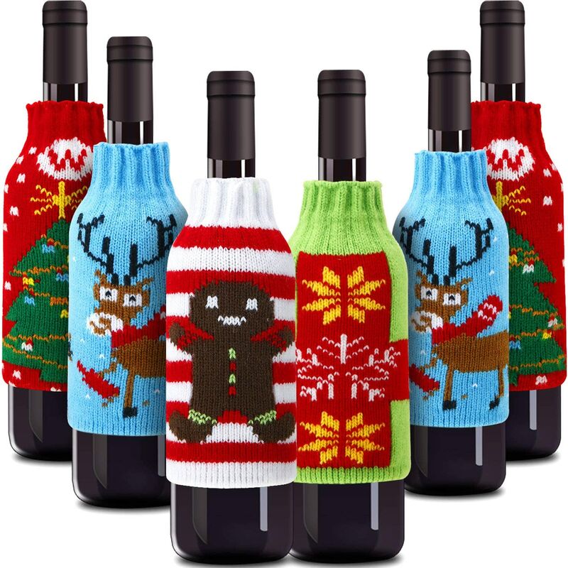 

6 juegos de tapa de botella de vino de navidad suéter de punto vestido de botella de vino de santa claus muñeco de nieve de reno tapa de botella de