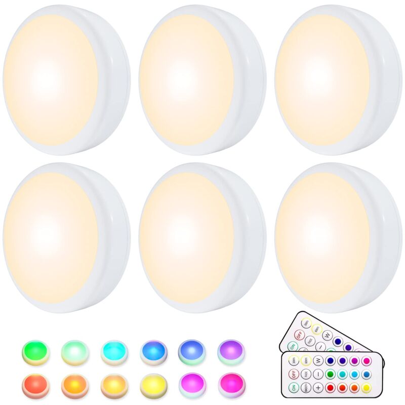 6 Lampe de Placard, Lampe led Veilleuse rgb 13 Couleurs Sans Fil, éclairage d'escalier, éclairage de jeu sans fil à led, avec 2 Télécommandes