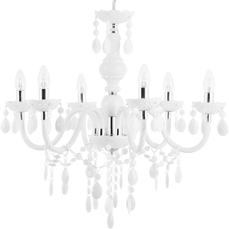 Beliani - Chandelier Crystal Droplets 6 Light Bulbs Living Room Bedroom White Kalang