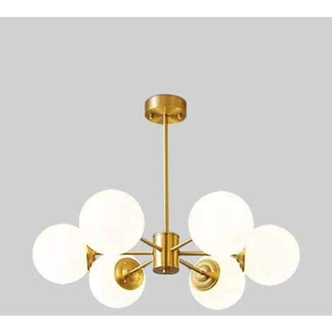 COMELY 6 Lights Glass Sputnik Chandelier Lighting Gold Satin Brass Modern Pendant Lights White Globe Shade Pendant Hanging Light Fixtures for Bedroom Living Room Kitchen Hallway