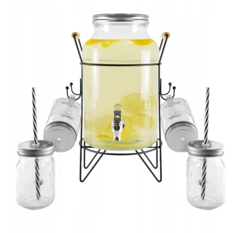 6-Liter-Glasbehälter mit Zapfhahn + Ständer, 4 Saftbecher