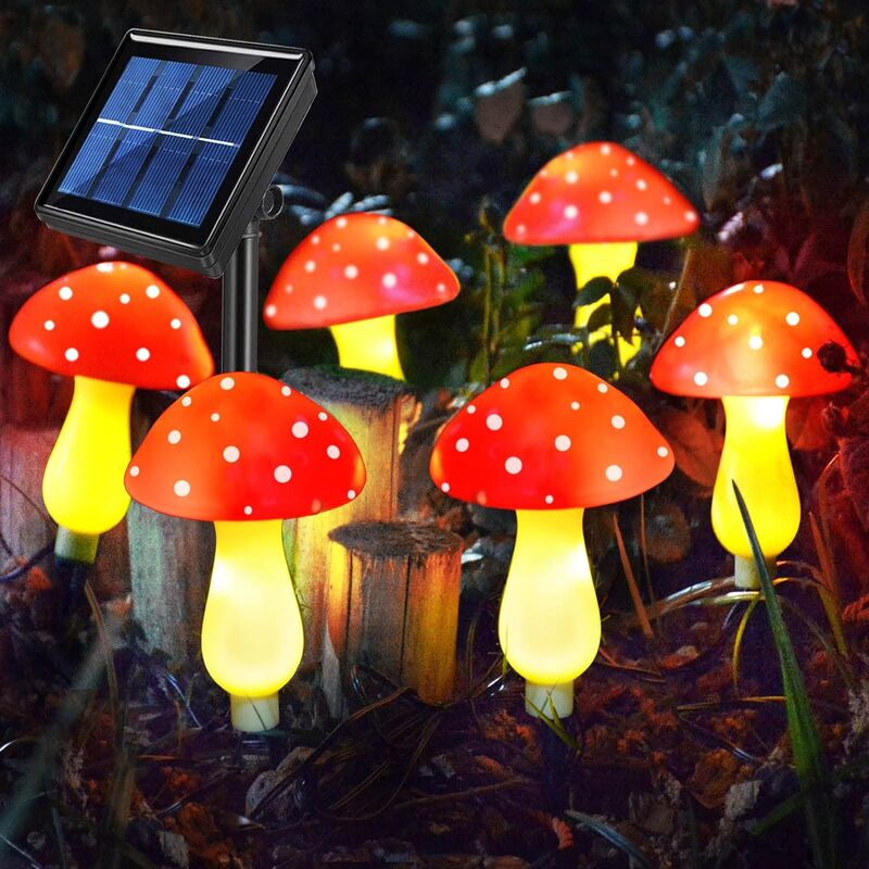 6 lumières】Éclairage extérieur blanc chaud de champignon rouge solaire à led