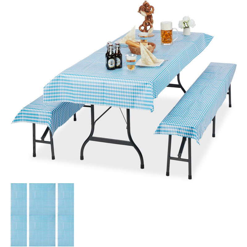 Ensemble pour tente Coussins, jeu de 6 pièces, 2 nappes table 250x100cm, 4 housses pour bancs, lavable, bleu-blanc