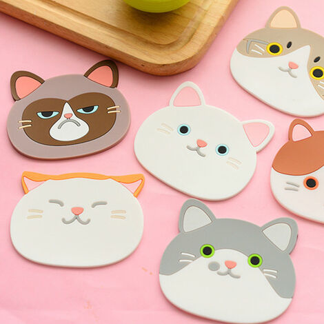 6 mignon chat tasse sous-verres tapis visages en caoutchouc de silicone isolés flexibles durables anti-dérapant coussinets chauds pour boisson boisson bière vin verre thé maison registre de mariage id