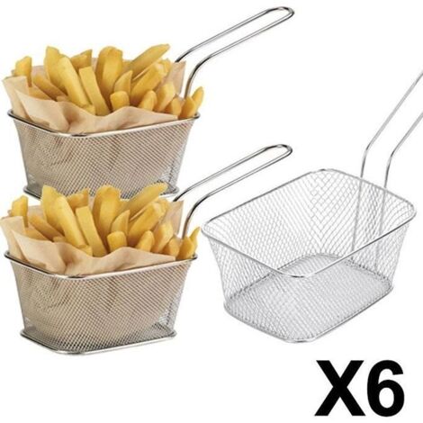 6 Minis Paniers à Frites Individuels Grande Portion - Inox - 14x11x7 cm