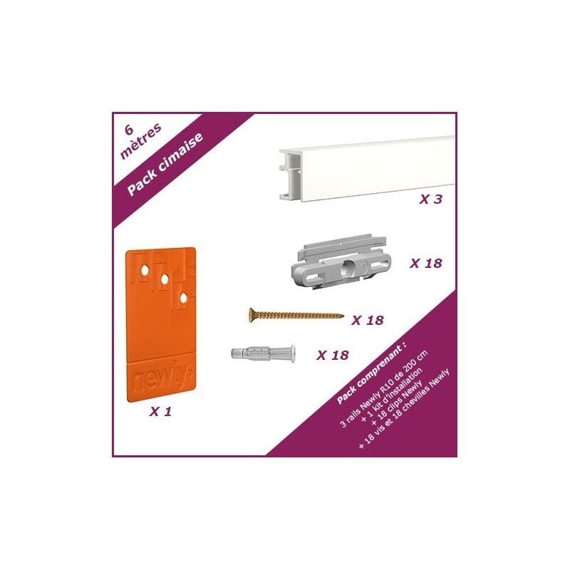 6 mètres Blanc mat : Pack économique cimaise Newly R10 (rails et fixations)