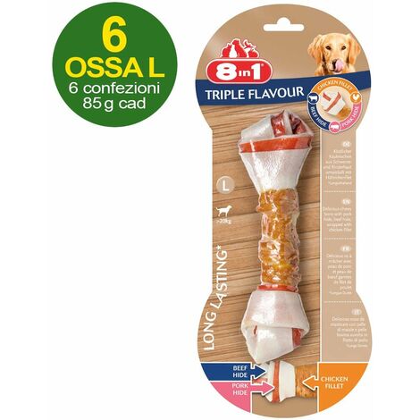 6 Os de taille L à triple saveur de poulet, de bœuf et de porc - OFFRE ÉCONOMIQUE 6 paquets de 1 os chacun