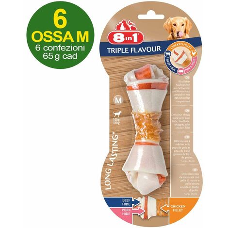 6 ossements Triple Saveur taille M aux triples saveurs de poulet, bœuf et porc - OFFRE ECONOMIQUE 6 paquets de 1 os chacun