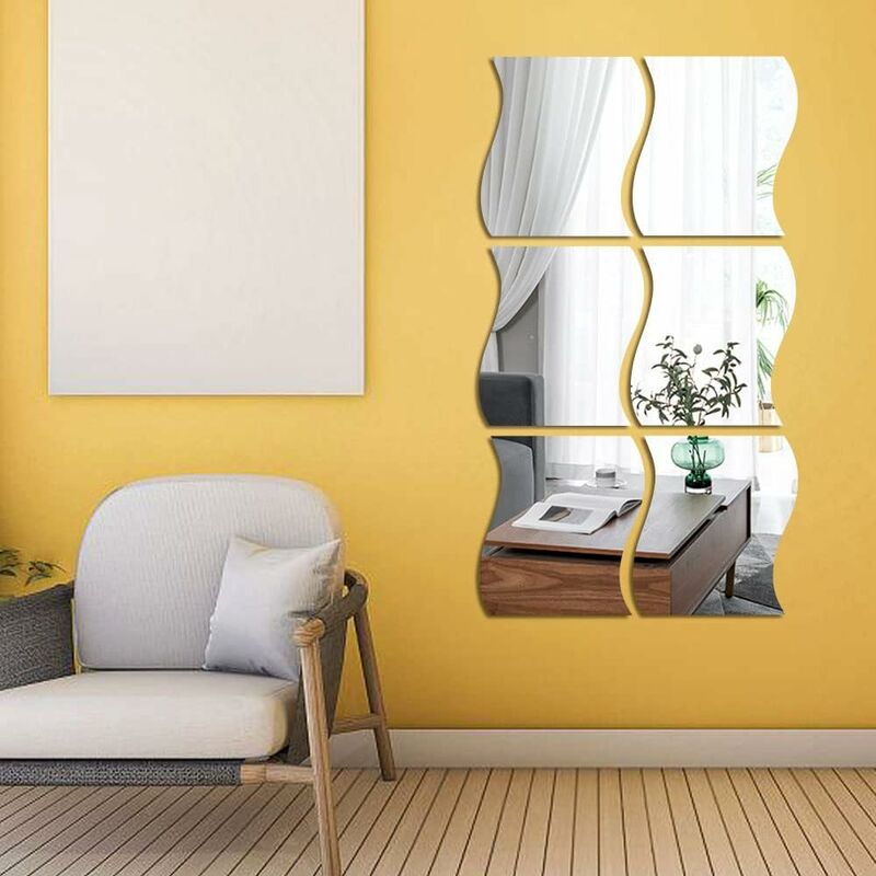 6 Pack 3D Wave Wall Mirrors Acrylic Wall Art Decor Mirrors Home Living Room Bedroom Sofa tv Hiasdfls