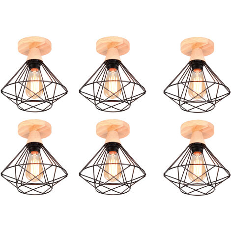 6 Pack Diamond Shape Ceiling Light Industriel in Metal and Wood Modern Design Lamp for Escalier Corridor Entrance Black