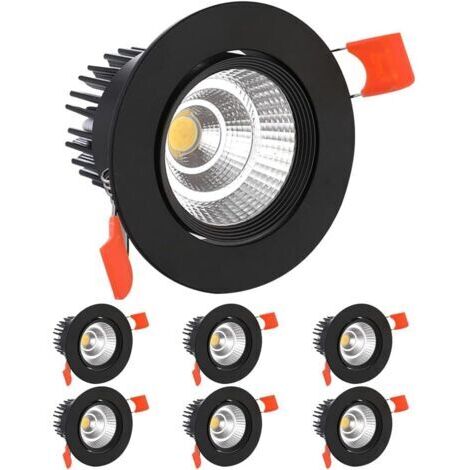 6 Pack LED Spots Encastrable, 7W COB Plafonnier Encastré Lamp,AC 220-240V,Blanc Froid 6000K,Ajuster l’angle 30°,IP44,Découpe 70-80mm,Pour salle de Salon,Couloir, bain,Cuisine(Noir)