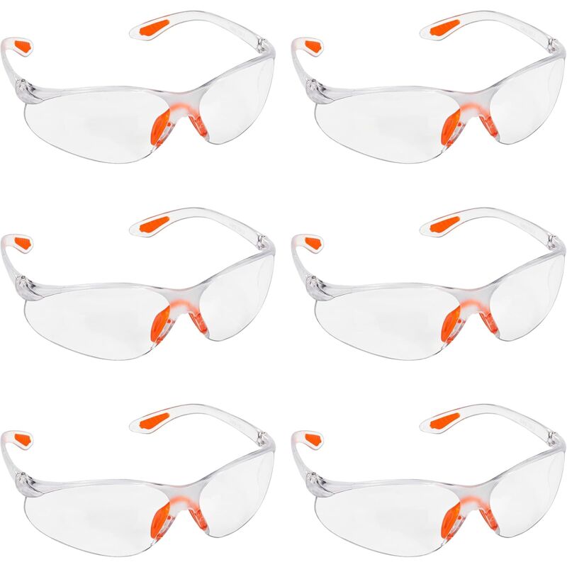 6 Pack of Wrap Around Safety Glasses with Clear Lenses and Rubber Nose and Ear Grips for a Safe Fit - Personal Protective Equipment with Scratch