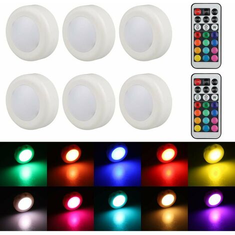 6 Pack RGB Puck Closet Lights, Wireless LED String Lights Under Cabinet Counter Lights, Stick On Lights Battery Operated Night Lights with Remote, Dimmable Closet Lights