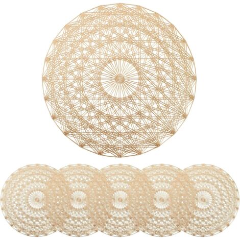 [6 Pack Round PVC Placemats, Hollow Placemat with Mandala Pattern, Non-Slip Mat, Washable, Heat Resistant for Kitchens, Restaurants and Hotels - Gold