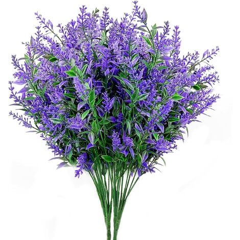 MINKUROW 6 paquetes de flores artificiales de lavanda morada como flores artificiales reales resistentes a los rayos UV para plantas artificiales al aire libre resistentes a la intemperie para exteriores, inte