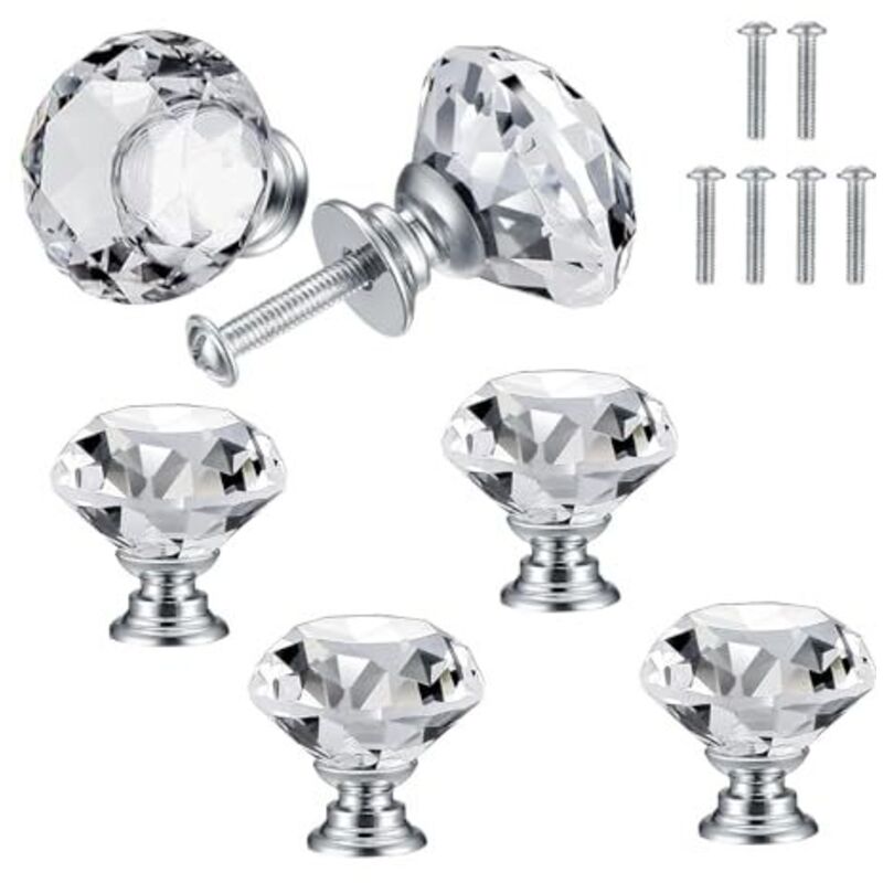 6 Pcs Bouton de Porte de Cristal, Poignées de Diamant, Poignee de Meuble Diamant, Poignée Boutons Décoration de Armoire, Tiroir, Cuisine Bouton