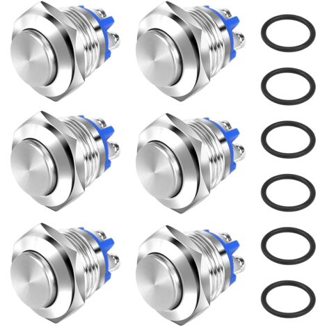 6 PCS Bouton Poussoir Momentané 2A 12V 24V 36V Etanche, Boutons Poussoirs de Ronde, Interrupteur Poussoir 16mm en Métal pour Voiture Camion Sonnette (Haute Tête, Argent)