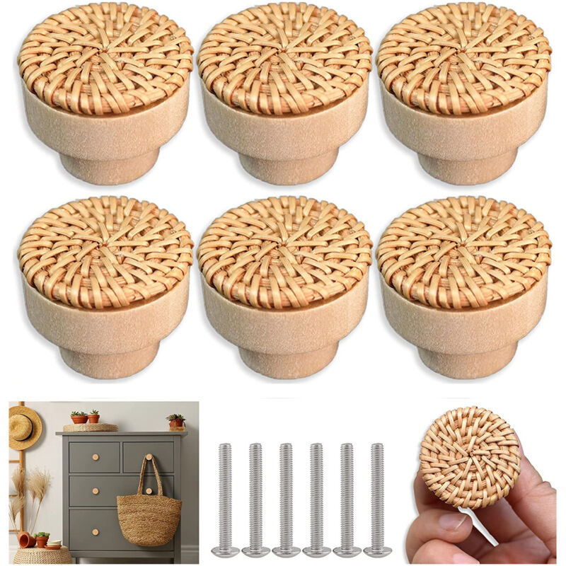 6 pcs Boutons de Meuble en Rotin Bois, Poignée Meuble, Boutons de Portes pour Placards, 35 mm Poignet de Tiroir, pour Décoration D'intérieur, Placard