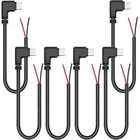 6 Pcs Câble Pigtail Type-C à Angle Droit de 25 cm, 12 V 3 A, Prise Mâle USB-C à 90 Degrés vers Câble d'extension à Extrémité Ouverte à 2 Broches pour Bricolage