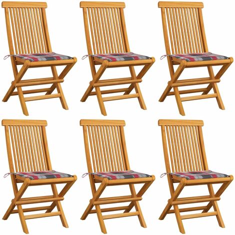 6 pcs Chaises de jardin et coussins à carreaux, Fauteuils Extérieur, Sièges confortable rouge Teck massif BGT82662