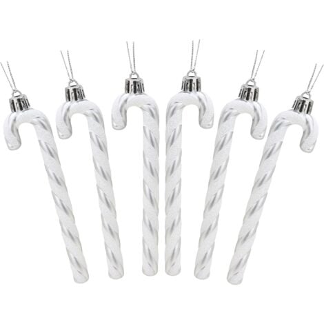 6 Pcs Christmas Concepts Pack of 6-13cm (Silver and White) Candy Cane Glitter Christmas Tree Decorations