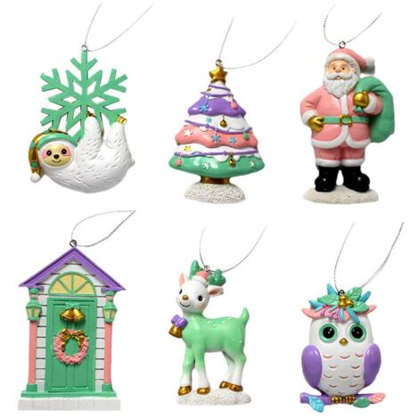 6 Pcs Christmas Resin Pendant Christmas Tree Santa Elk Hanging Ornaments Xmas Tree Decoration Holiday Gift