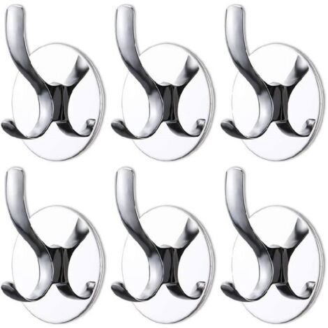 6 pcs Crochet Adhésif Murale Double Patere Porte Manteau sans Perçage Crochet Serviette Peignoir en Acier Inoxydable Organiseur
