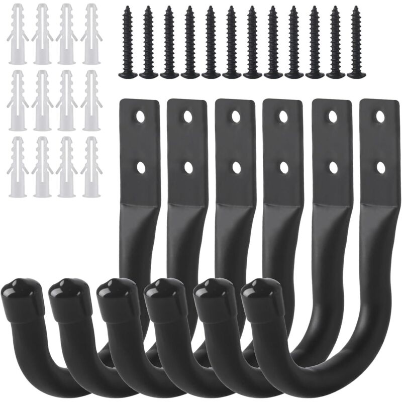 6 Pcs Crochet Mural Garage, Support Velo Mural Noirs, Accroche Velo Mural, Crochets de Rangement pour échelle de Garage, Crochets en J, Crochets