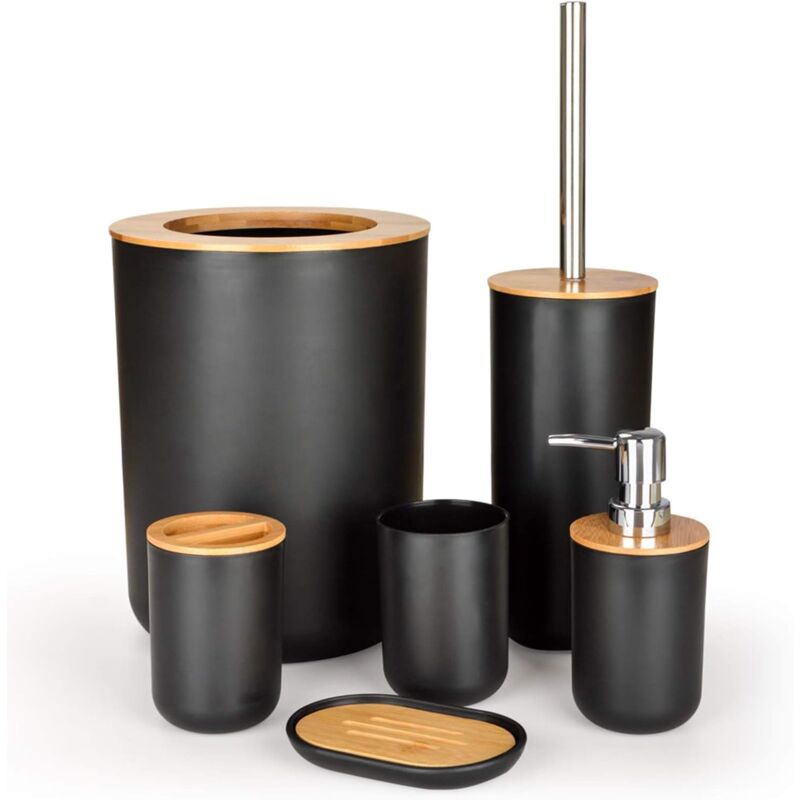 6 Pcs Ensemble d'accessoires de Salle de Bain en Bambou, Ensemble d'accessoires de Salle de Bain, Bouteilles de Lotion, Porte-Brosse à Dents, Tasse à