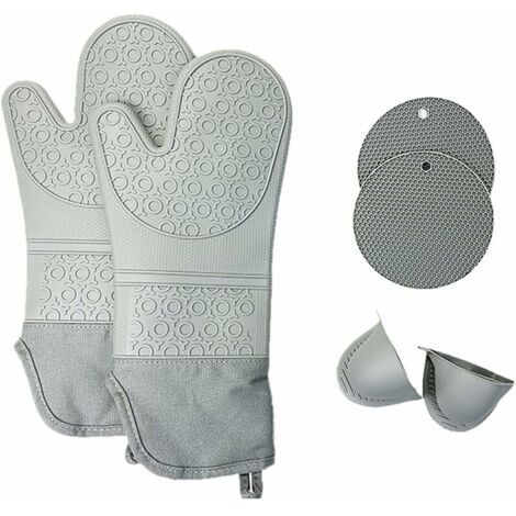 6 Pcs Gants Isolants en Silicone Gants Anti-brûlure Gants de Cuisine en Silicone épais Résistants aux Hautes Températures pour Four à Micro-Ondes Tapis Isolant en Nid d'abeille, Gris Clair