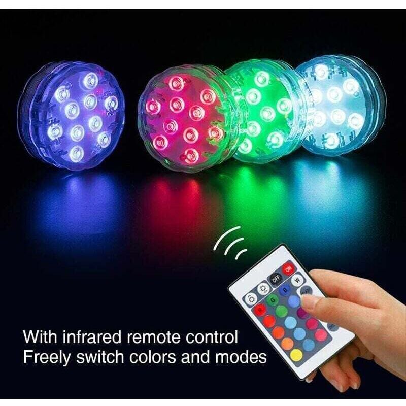 6 Pcs Lumière LED Submersible, 10LED Lampes Sous-Marines 16 Couleurs RGB avec 12 Ventouses et 1 RF Télécommande, Eclairage Piscine Lampes IP68