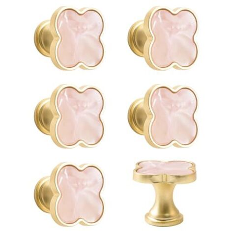 6 PCS Poignée de trèfle à quatre feuilles, tiroir d’armoire créatif tire des boutons multifonctionnels en alliage de zinc à trou unique/base dorée avec surface rose