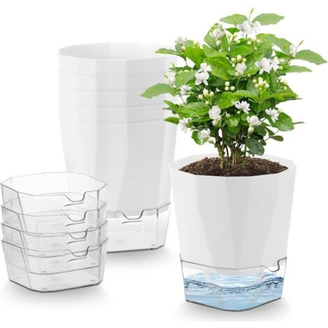 6 Pcs Pots de Fleurs en Plastique, 12.5cm Pot de Fleurs Auto-Arrosant,Pots de Plantes avec Trous De Drainage et Réservoir d'eau Amovible pour d'Intérieur d'Extérieur Jardins de Balcon, Blanc
