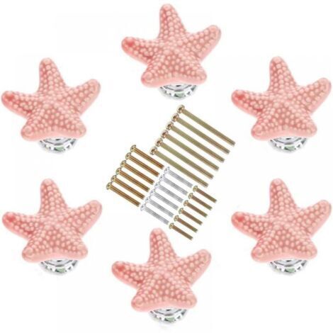 (6 Pcs) Starfish Cabinet Knobs in Various Sizes, Ceramic Kitchen Cabinet Handles, for Kitchen Cabinets, Kids Rooms (Pink)