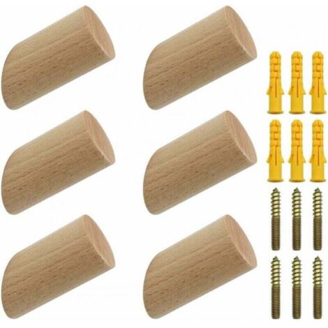 6 percheros de madera, ganchos de pared de madera natural, 3x6 cm, ganchos de haya, 45°, ganchos para ropa, bufandas, sombreros, bolsos - Carga máxima 15 kg