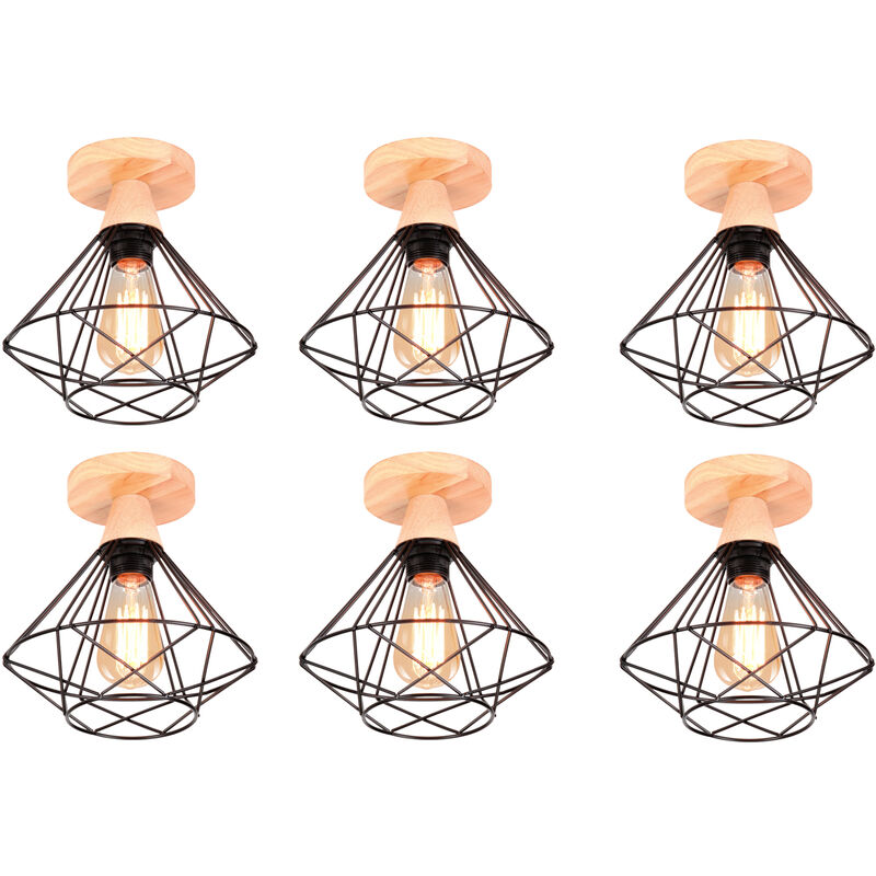 Image of Axhup - 6 Pezzi Lampada da Soffitto Industriale in Metallo e Legno Design Retrò Lampada Forma di Diamante per Scale, Corridoio, Ingresso Nero