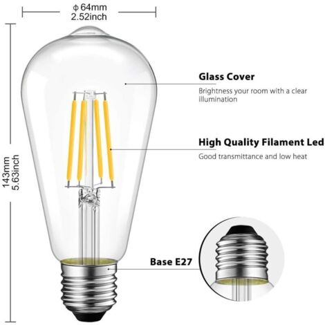 [6 pezzi] Lampadina a filamento LED E27 da 4W con attacco a vite, luce bianca calda (3000K)