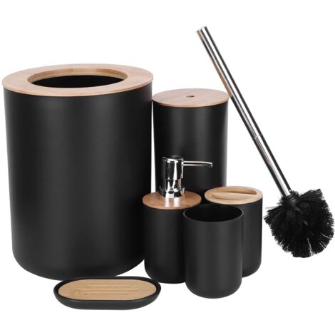 6 Pices Bois de Bambou + Accessoires de Salle de Bain en Plastique avec Porte-Brosse  Dents Poubelle Porte-Savon Distributeur Tasse Brosse de Toilette Ensemble de Salle de Bain