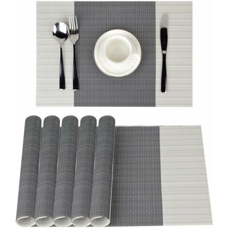 6-Piece Anti-Slip PVC Placemats, Washable (45x30cm) Placemats for Kitchen, Living Room, Garden or Dining Room (Striped Grey)