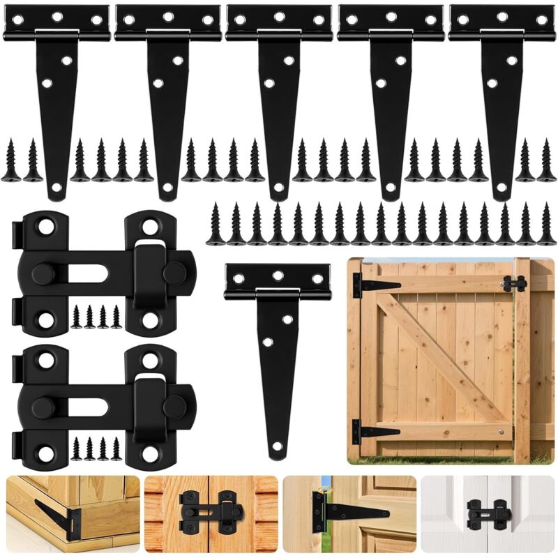 6-Piece Black T-Hinges, 4-Inch Metal Door Hinges with 2 Door Latches and 36 Screws, Heavy-Duty Stainless Steel for Shed Doors, Garden Gates, and