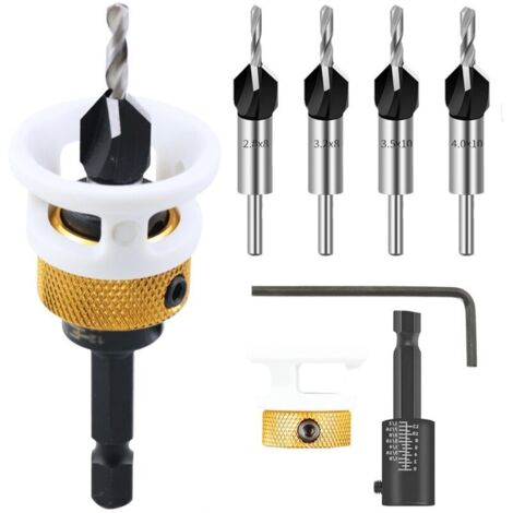 6-Piece Countersink Drill Bit Set, Woodworking Countersink Bits with Depth Stop and 1/4" Hex Shank, HSS-M2, Countersunk Head Drill Bits for Woodworking