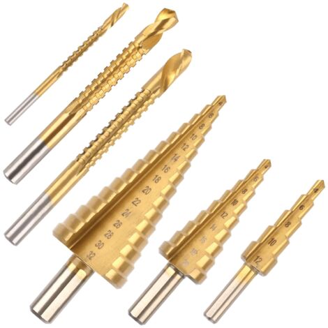 6 Pièce Foret Métal, Triangle Conique Titane, Foret Étagé avec Tige Hexagonale, Foret de Torsion pour acier, plastique, bois, bricolage, Ø 4-32mm, 4-20mm, 4-12mm