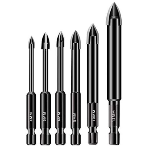 6-Piece Glass Drill Bit Set 4/5/6/8 / Carbide Tipped 10/12mm Hex Shank Spear Head Drill Bit for Ceramic Tiles, Glass, Mirror, Porcelain, Marble