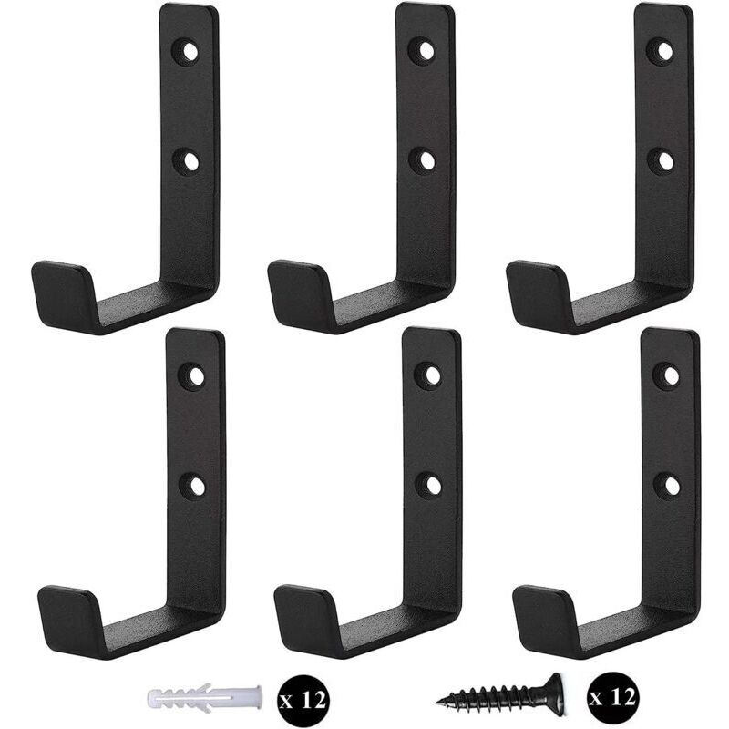6-Piece Heavy-Duty Wall Hooks, J-Hooks for Garage, Universal Black Screw-in Hooks, Coat Rack, Sturdy Hooks, for Hanging, Garage, Wall Mount for Bulky