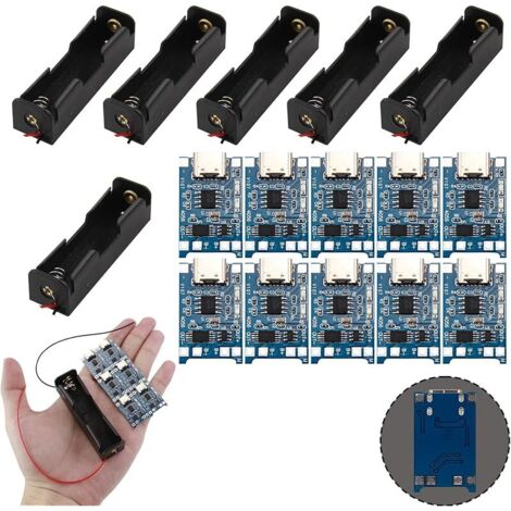 6 Pièces 3.7V 18650 Support de Batterie Boîtier en Plastique Boîte de Rangement avec Wire Leads + 10 Modules Chargeurs USB Type-C 5V 1A, Boîtiers en Plastique et Protection Intégrée