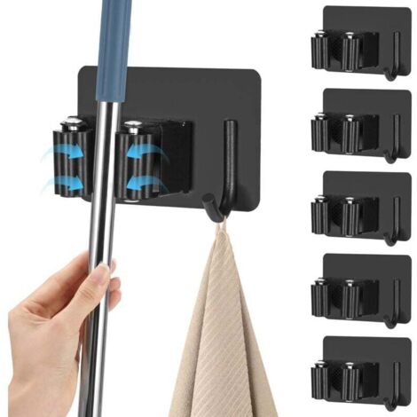 6 Pièces Accroche Balai Mural Porte Balais Mural de Sans Percage avec Crochets Ajustable Support Balais Mural en Acier Inoxydable pour Cuisine, Balcon, Salle de Bains, Jardin, Garage(Noir)
