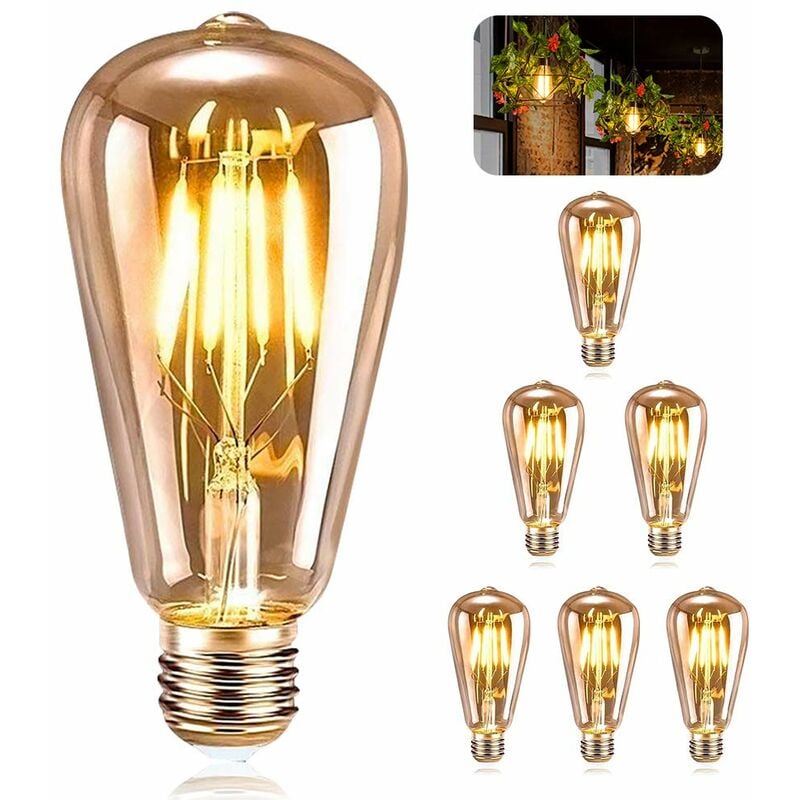 Jusch - 6 Pièces Ampoule E27 Vintage, led ST64 Lampe Décorative Rétro Edison Vintage, 4W Filament Blanc Chaud pour Restaurant Café Bar Ampoules