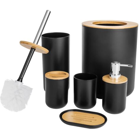 6 Pieces Bathroom Accessories- Bathroom Bin And Toilet Brush Set- Durable Toothbrush Holder Cup- Soap Dispenser With Pump- Soap Dish Holder- Modern Trash Can (Black)