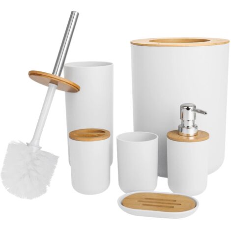 6 Pieces Bathroom Accessories- Bathroom Bin And Toilet Brush Set- Durable Toothbrush Holder Cup- Soap Dispenser With Pump- Soap Dish Holder- Modern Trash Can (White)